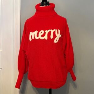 Red Turtleneck Sweater with 'Merry' Text